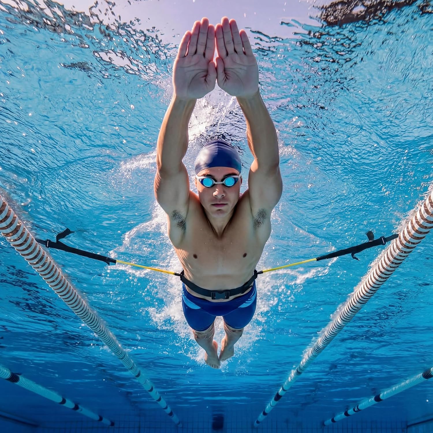 Outus Stationary Swim Trainer Swim Training Belt with 2 Bungee Cords, 2 Adjustable Buckle Straps, Mesh Storage Bag, Swimming in Place Harness for Swimming Pool Aquatic Resistance Water Exercise