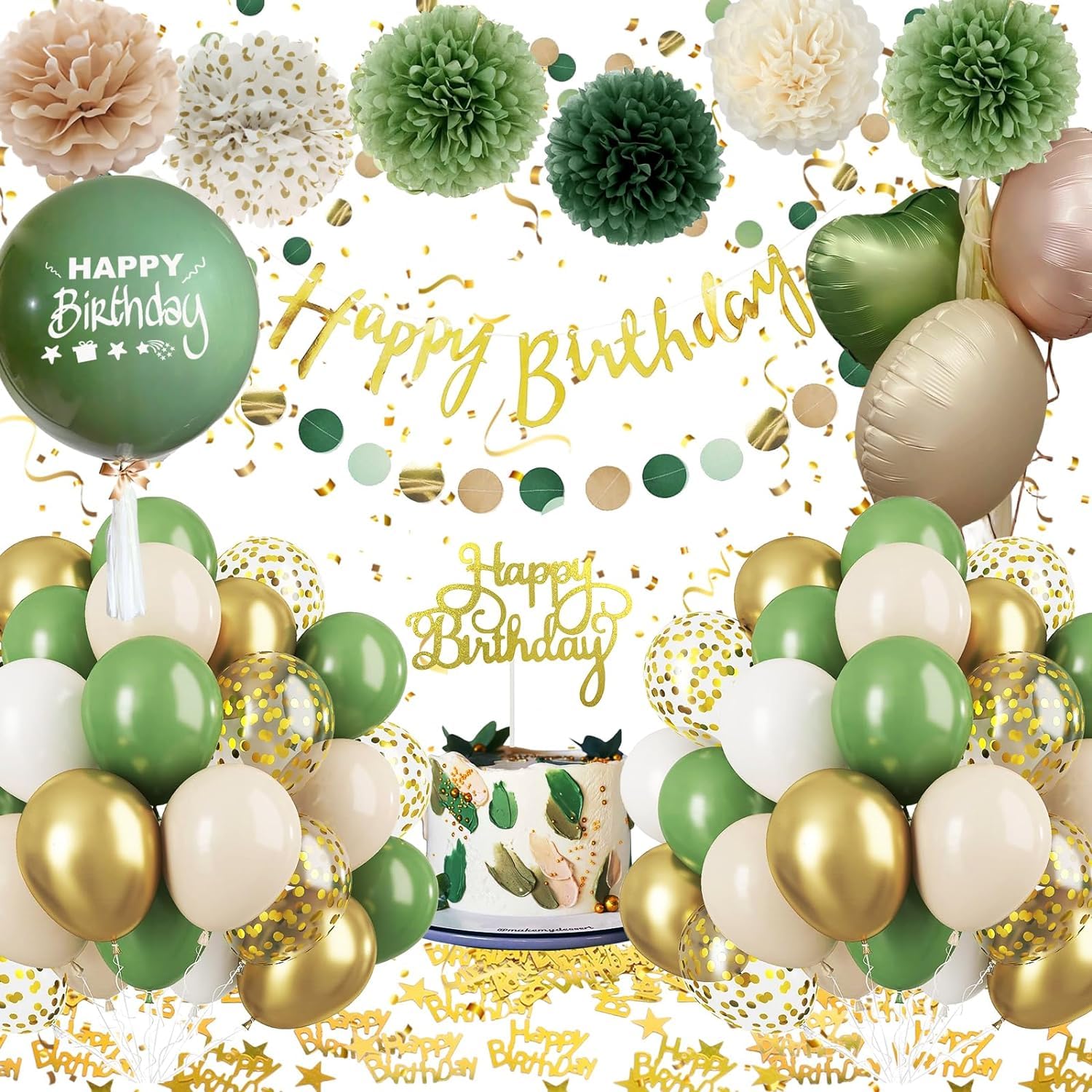 BIQIQI Green Birthday Decoration,Sage Green and Beige Balloons,Party Decoration Set with Balloons, Banner, Paper Pompoms, Birthday Banner for Party Celebration Activity Women Man Girl Baby