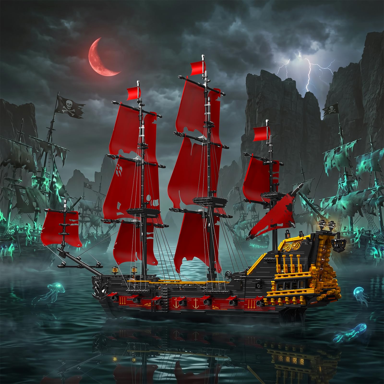 Mould King 13109 Technik Segelboot Modell,The Queen Annes Revenge Großes Rotes Piratenschiff Clamping Blocks Kit 3139 Teile Groß MOC Technologie Königin Annes Rache Klemmbausteine Bausatz