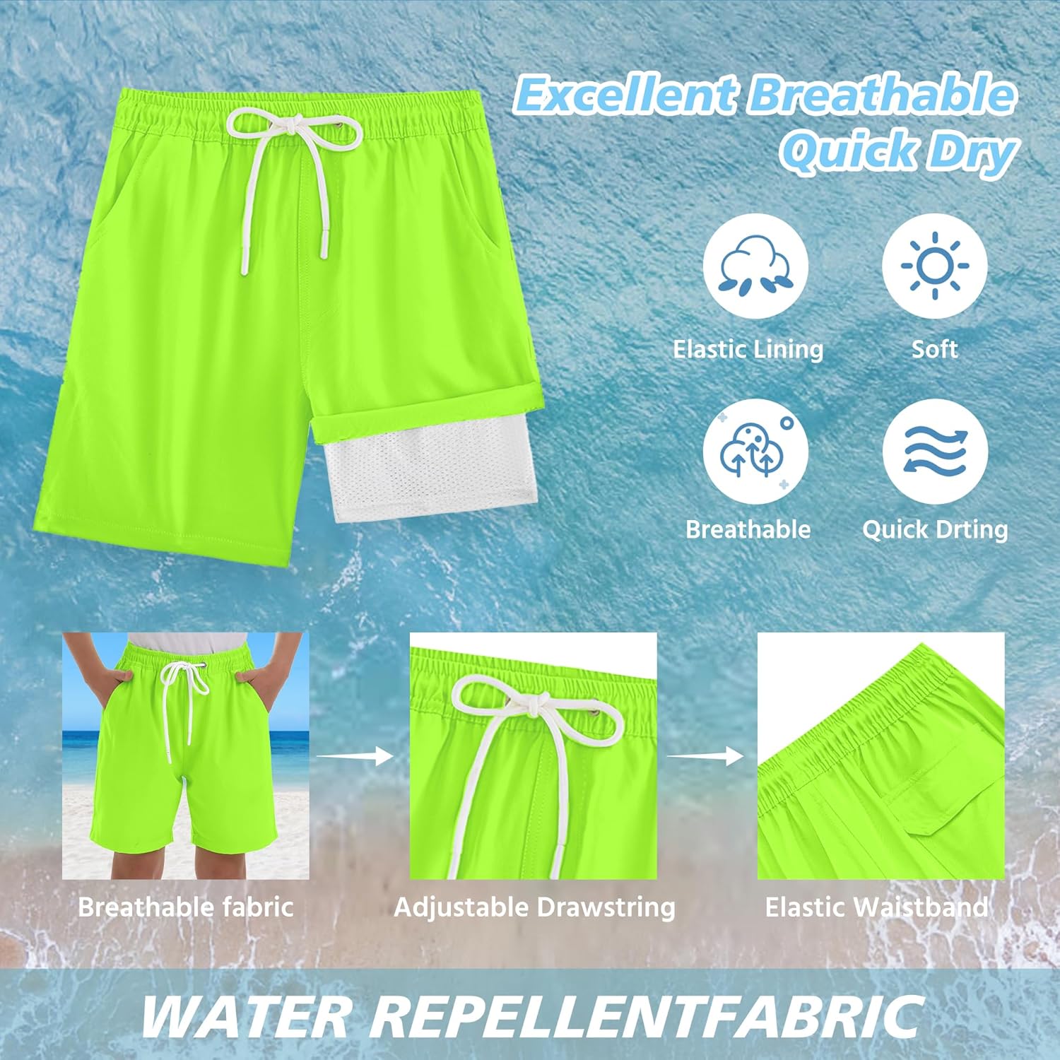 Boys Swim Trunks with Compression Liner UPF 50+ Quick Dry Bathing Suit Kids Beach Shorts Swimwear 7-20T - Image 3
