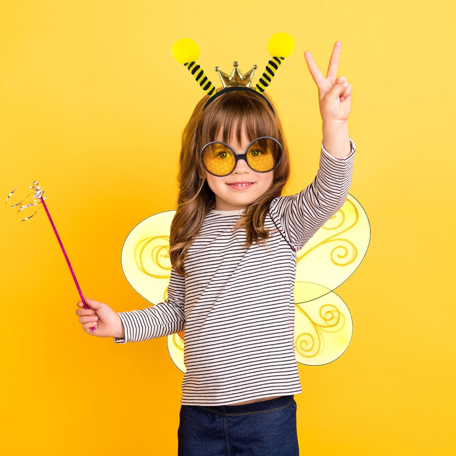 6 Pcs Bee Wings Set Bee Wings with Headband and Glasses Bee Costume Accessories for Kids Adult New Year Cosplay Props