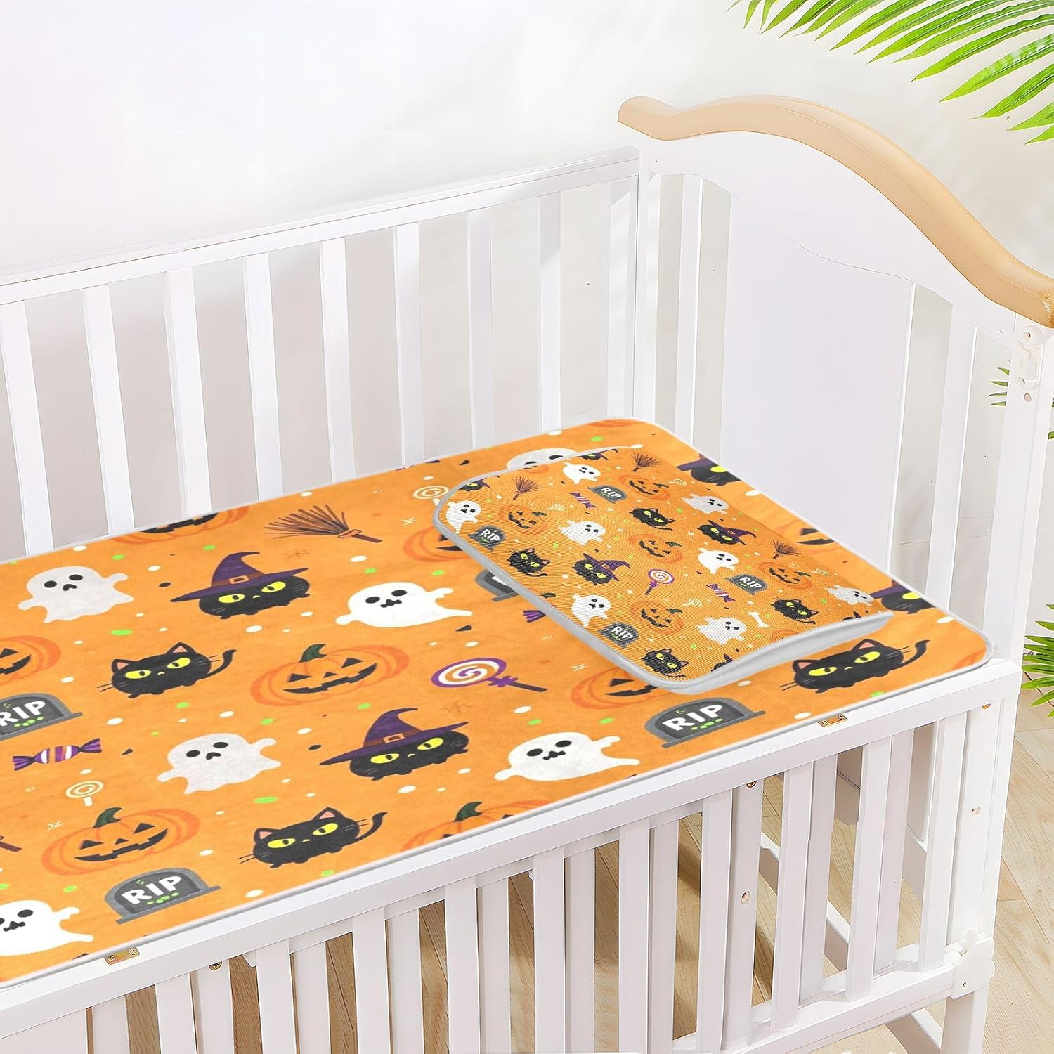 Cooling Baby Mattress pad 28" x 52" Breathable Halloween Pumpkin Ghosts Cat Orange Bed Pads for Baby&Toddler