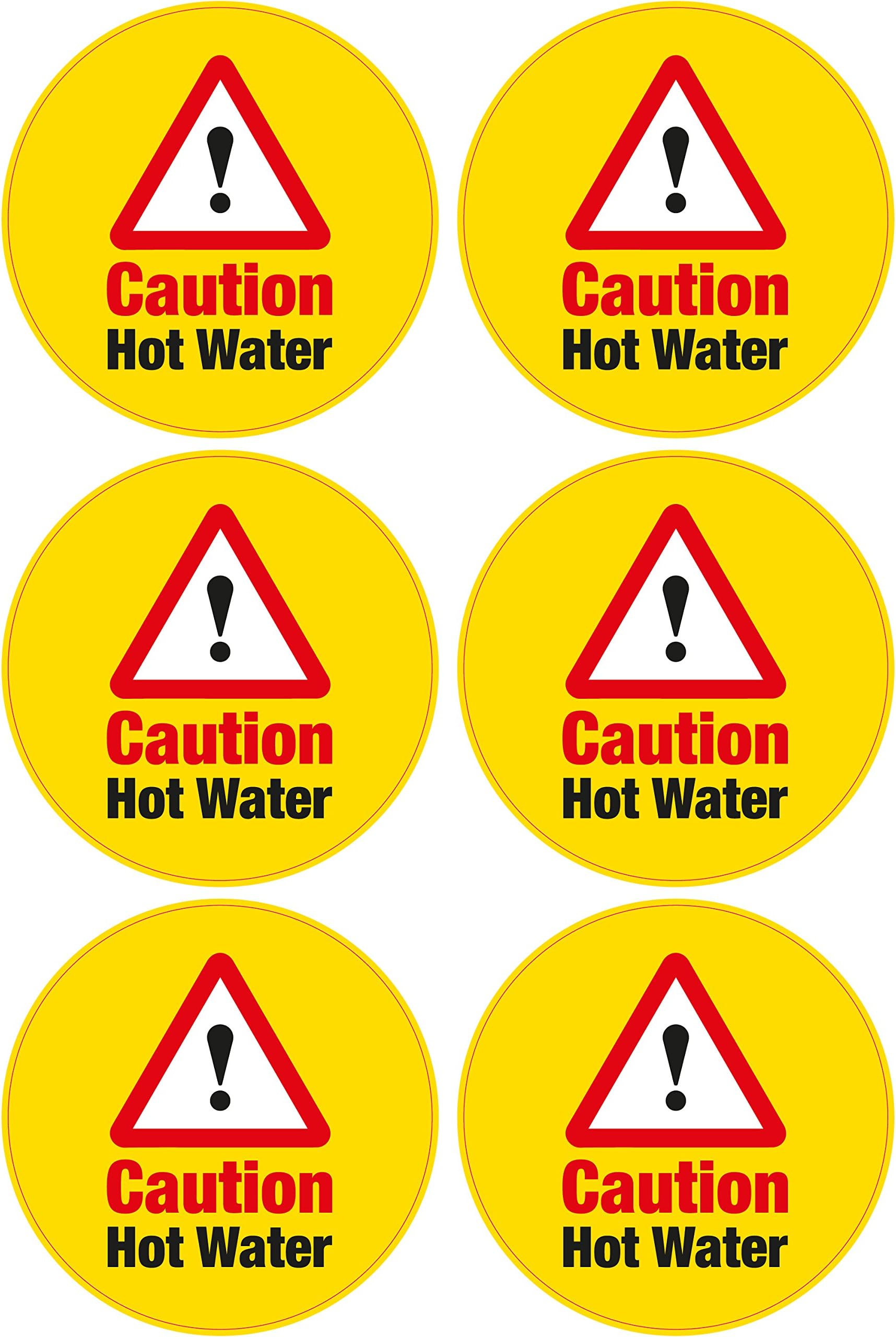 6 x Caution Hot Water Vinyl Sticker 65mm Hazard Warning Home Business Shop