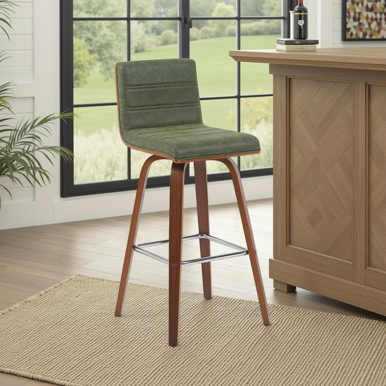 armen living vienna modern swivel 30" bar height barstool with vintage green faux leather and walnut wood finish vintage green faux leather/walnut 30" seat height 1