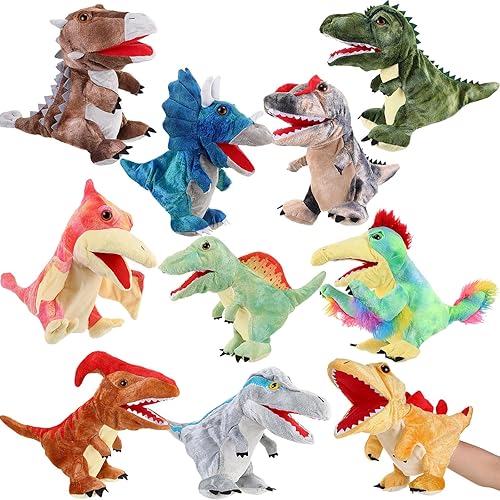 Wettarn 10 marionetas de mano de dinosaurio de 11.8 pulgadas con boca movible abierta, marionetas de animales de peluche, juguete interactivo,