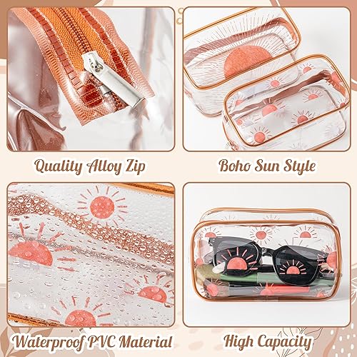 Miniatura 4 de Y1tvei 2 bolsas de maquillaje de PVC transparente para el sol, color marrón, bohemio, rayos de sol, bolsa de cosméticos con estampado transparente,