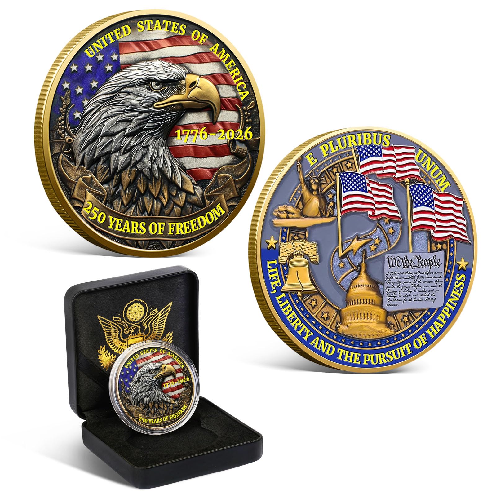 USA 250th Anniversary Commemorative Coin 1776-2026 America 250 Patriotic Collectible Coin with American Eagle 250 Year American Anniversary Coin Collectors Veterans Gifts America 250 Merchandise (B)