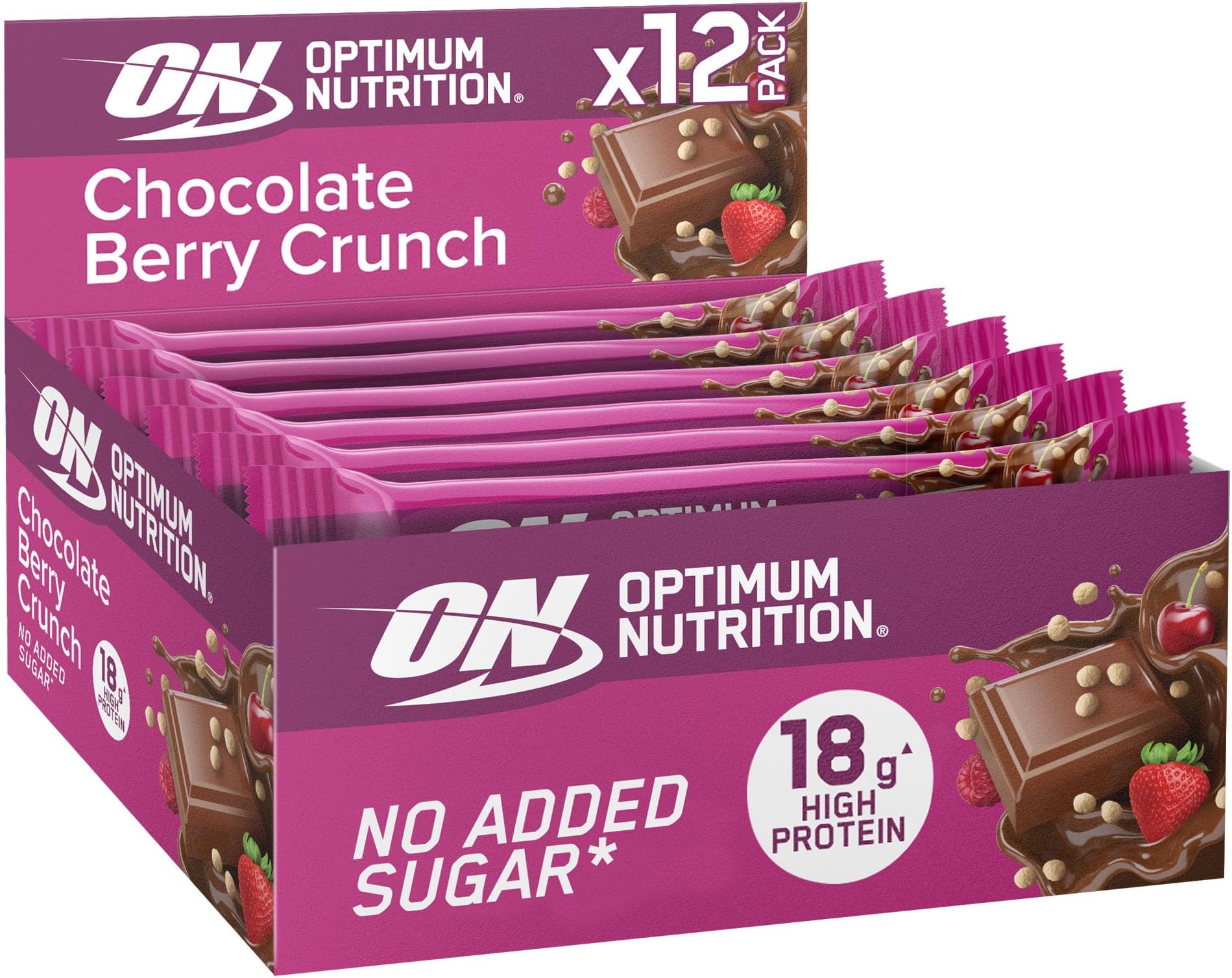 Optimum Nutrition Chocolate Berry Crunch Protein Bars, On-The-Go Pre-Workout and Post-Workout Vegetarian Gym Snack for Men and Women, No Added Sugar Healthy Snacks, 12 x 55 g