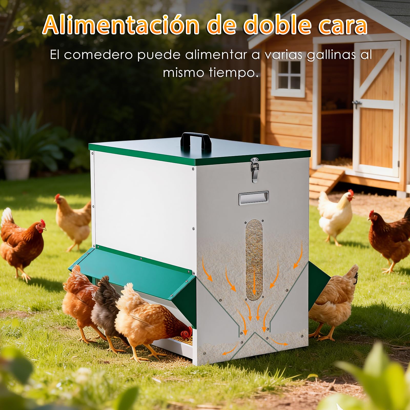Comedero Gallinas Metalico 45kg Dispensador Automático, Alimentador Grande | Diseño Exterior Estable y Resistente a La Lluvia, Reduce La Carga de Trabajo