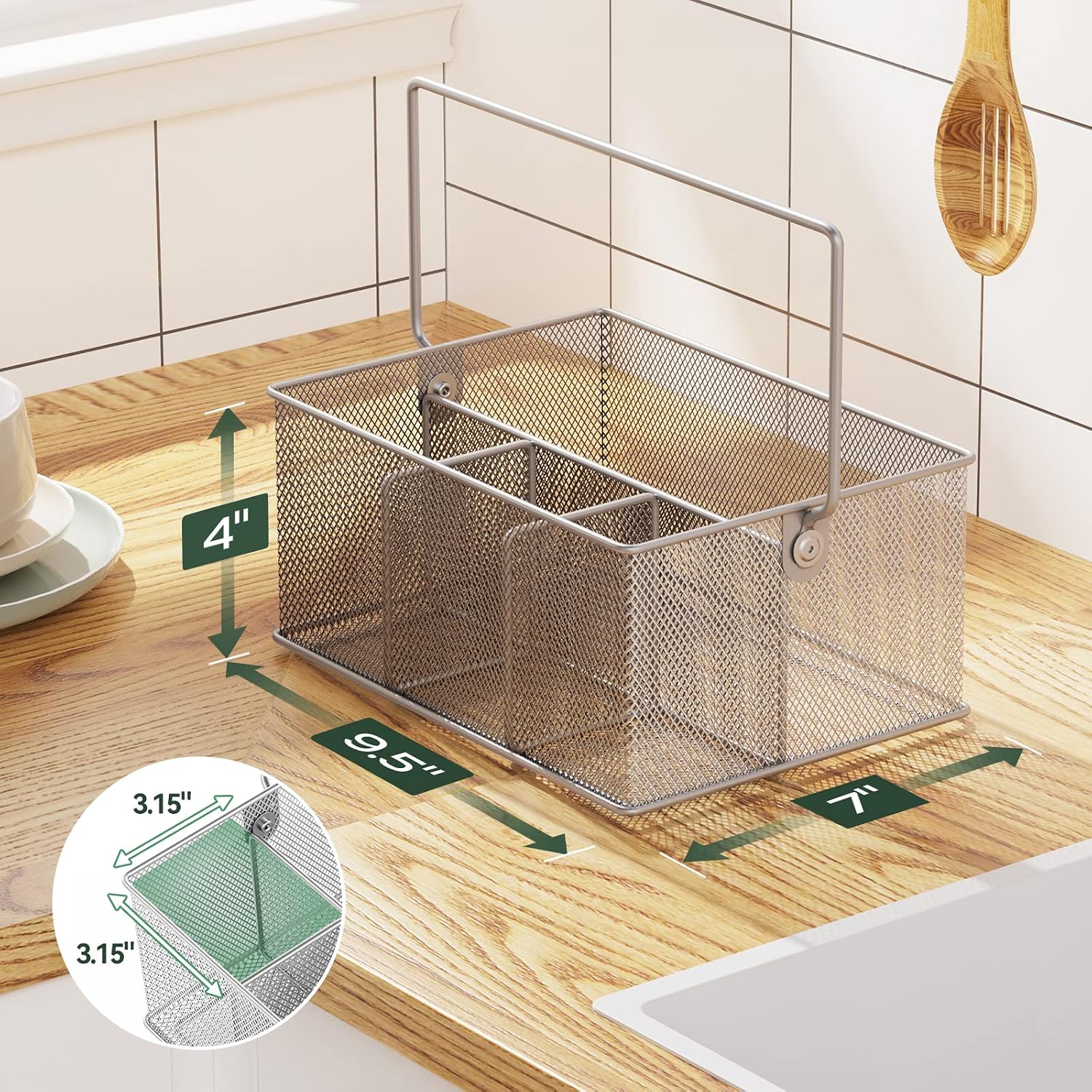 FURNINXS Utensil Caddy, Cutlery Silverware Caddy with 4 Compartments, Mesh Flatware Holder Organizer Perfect for Home, Kitchen, Countertop, Party, Camping, Outdoor and Restaurant (Silver)