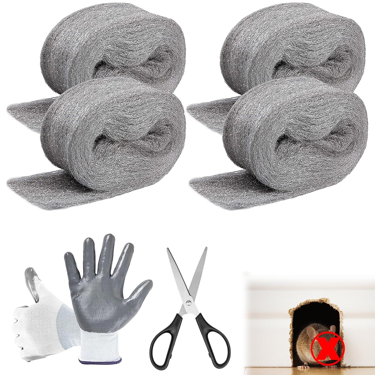 Steel Wool for Mice Control, 3.2" x12 ft Wool, Gap Filler for Home & Garage, DIY Bundle with Gloves & Scissors - 4 Pack
