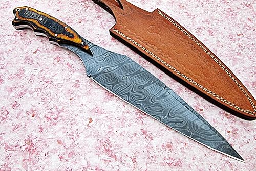 Miniatura 5 de Poshland RG-75 Cuchillo de caza hecho a mano de acero de Damasco de 14.4 pulgadas, hermoso mango de micarta de dos tonos