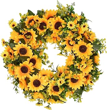 Lvydec Artificial Sunflower Summer Wreath - 16 Inch Decorative Fake Flower Wreath with Yellow Sunflower and Green Leaves for Front Door Indoor Wall Decor