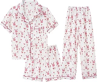 Big Girls Button Down Pajama Set 3pcs Short Sleeve Long Pants with Shorts Crepe Wrinkled Fabric Sleepwear Nighty