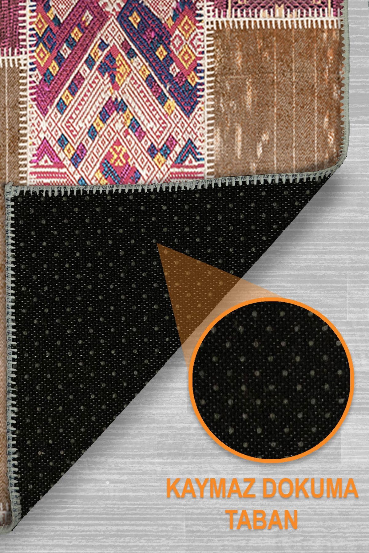 Depoba Elara Patchwork Şönil Kaymaz Doğal Pamuk Tabanlı Yıkanabilir Antibakteriyel Çevre Dostu Salon Halısı 140x200