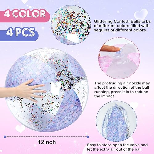 Miniatura 9 de Honoson Bola de playa de sirena de 12 pulgadas, bola de playa inflable gigante con purpurina, bola de playa con purpurina, regalos de fiesta de