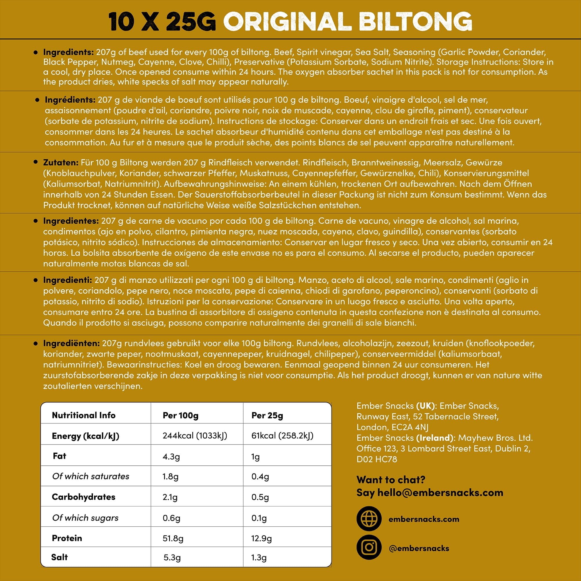 Ember Biltong de Ternera Original 250 g - Carne Seca Beef Jerky Rica en Proteinas - Baja en Grasa, Sin Azúcar Añadido, Keto, Sin Colorantes ni Aromas Artificiales - 10 Sobres Snack de 25 g