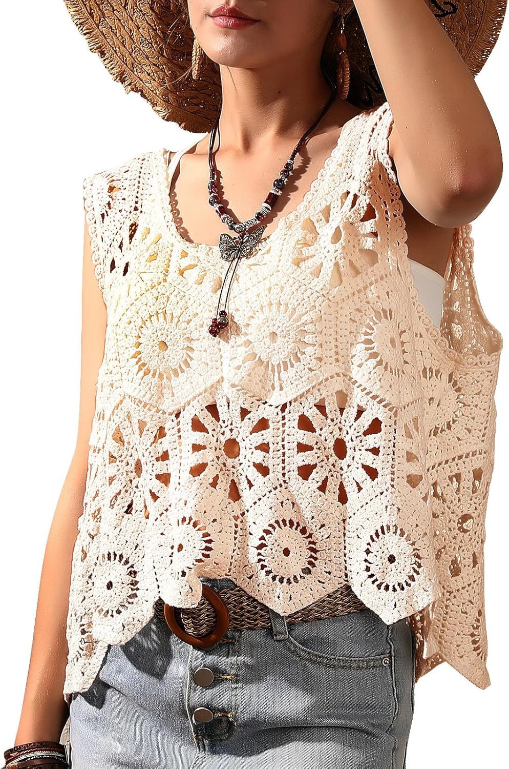 Womens Floral Crochet Lace Boho Trim Sleeveless Open Front Vest Cardigan - Image 4