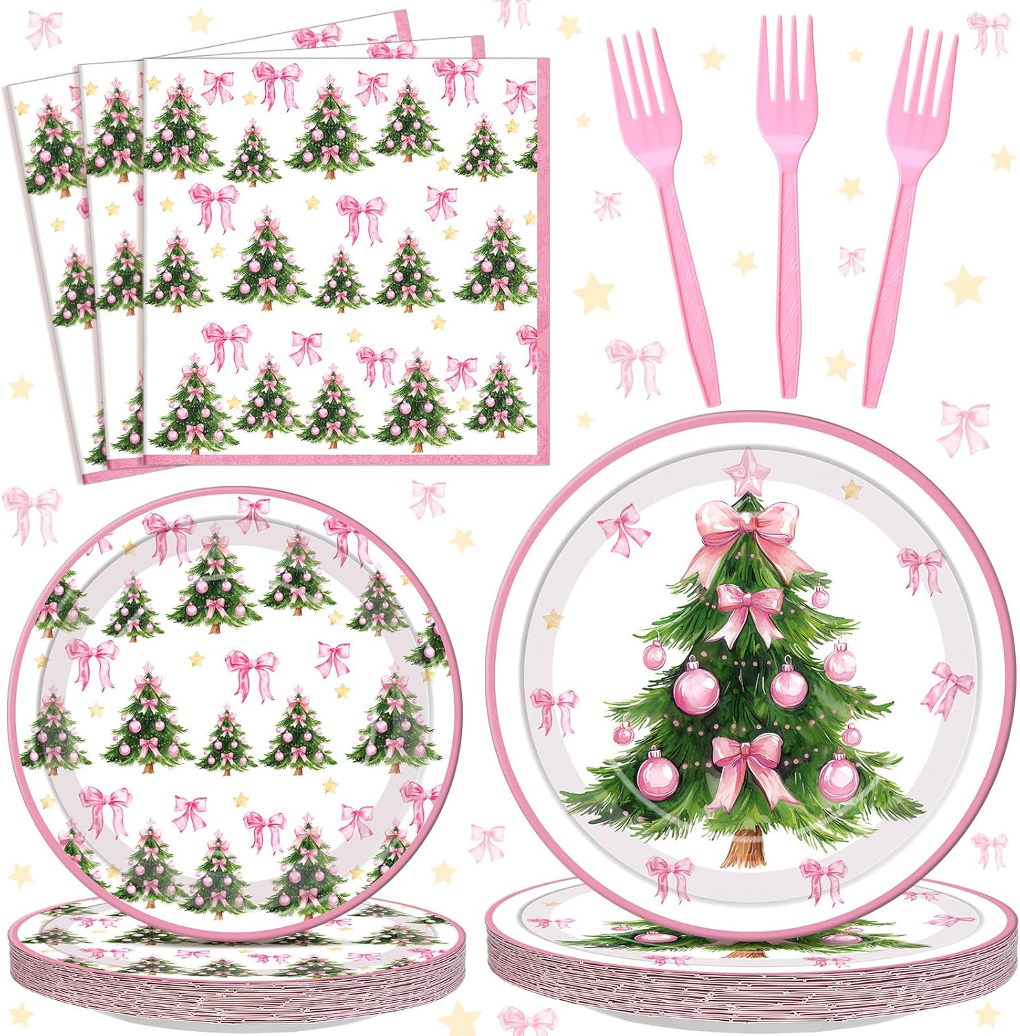 Havawish 96 Pcs Pink Christmas Tree Paper Plates and Napkins Pink Bow Christmas Party Supply Winter Baby Shower Party Decoration Coquette Bow Birthday Wedding Favor Xmas Tableware Set for 24 Guests