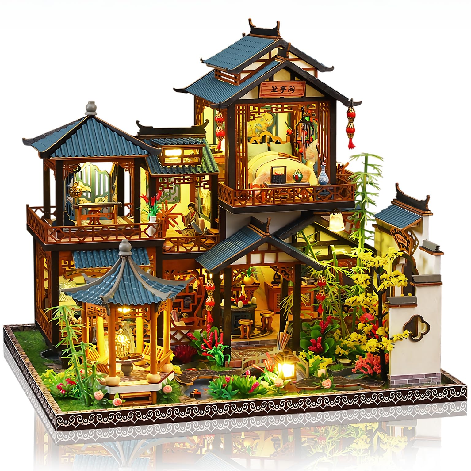 Cuteefun DIY Miniatur Puppenhaus Kit, Puppenhaus Holz Modellbausätze mit LED-Licht, für Erwachsene und Jugendliche, Bauen Sie Ihr eigenes Traumhaus Modell (Blumengarten)