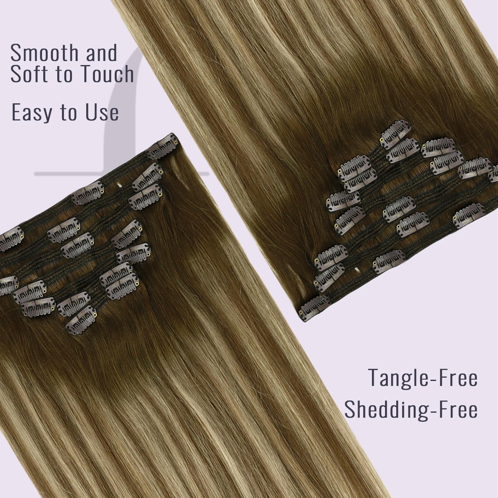 Fshine Extension Capelli Veri Clip 120g 40cm Capelli Umani 7pcs Balayage Castano Medio con Biondo e Marrone Medio Lisci