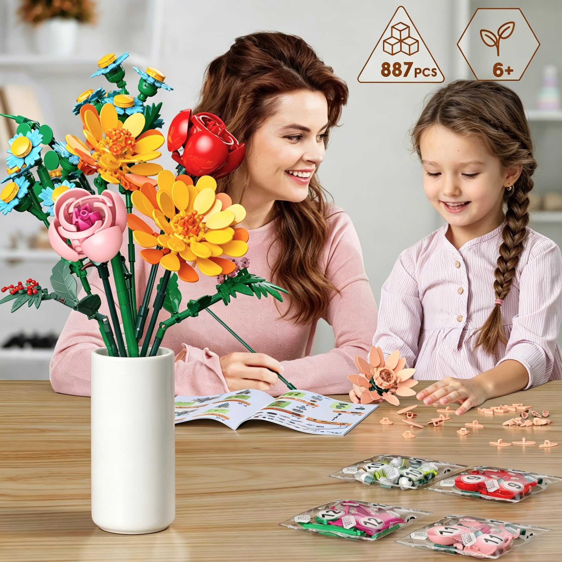 Kit de Construcción de Ramo de Flores, 887 Pcs Flores Eternas con Flowers Roses, Regalo Romántico o Decoración Duradera Ideal para Mujeres, Niños 6+, Adultos Navidad, Cumpleaños, San Valentín