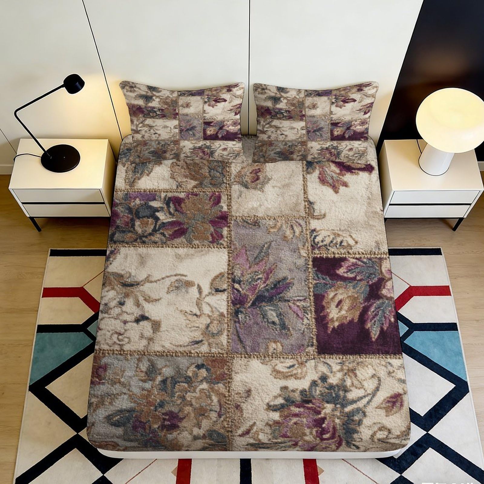K1r3d9e5 Style-8 3D Printed Vintage Floral Patchwork Fitted Sheet Microfiber Non-Slip Bed Cover For Bedroom Guest Room Decor 90X200x25cm