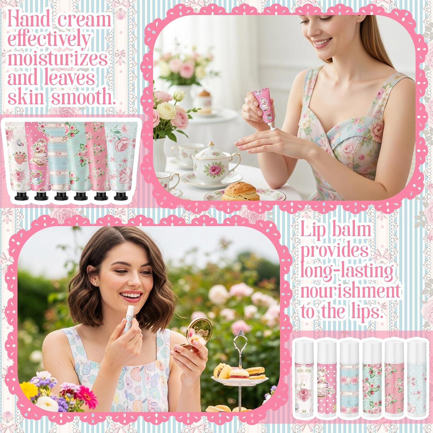 24 Sets Tea Party Favors Mini Hand Cream Lip Balm Bulk Gift Set for Women Travel Size Hand Lotion Vintage Floral Moisturizing Lip Balm Gifts for Mothers Day Teacher Wedding Baby Shower
