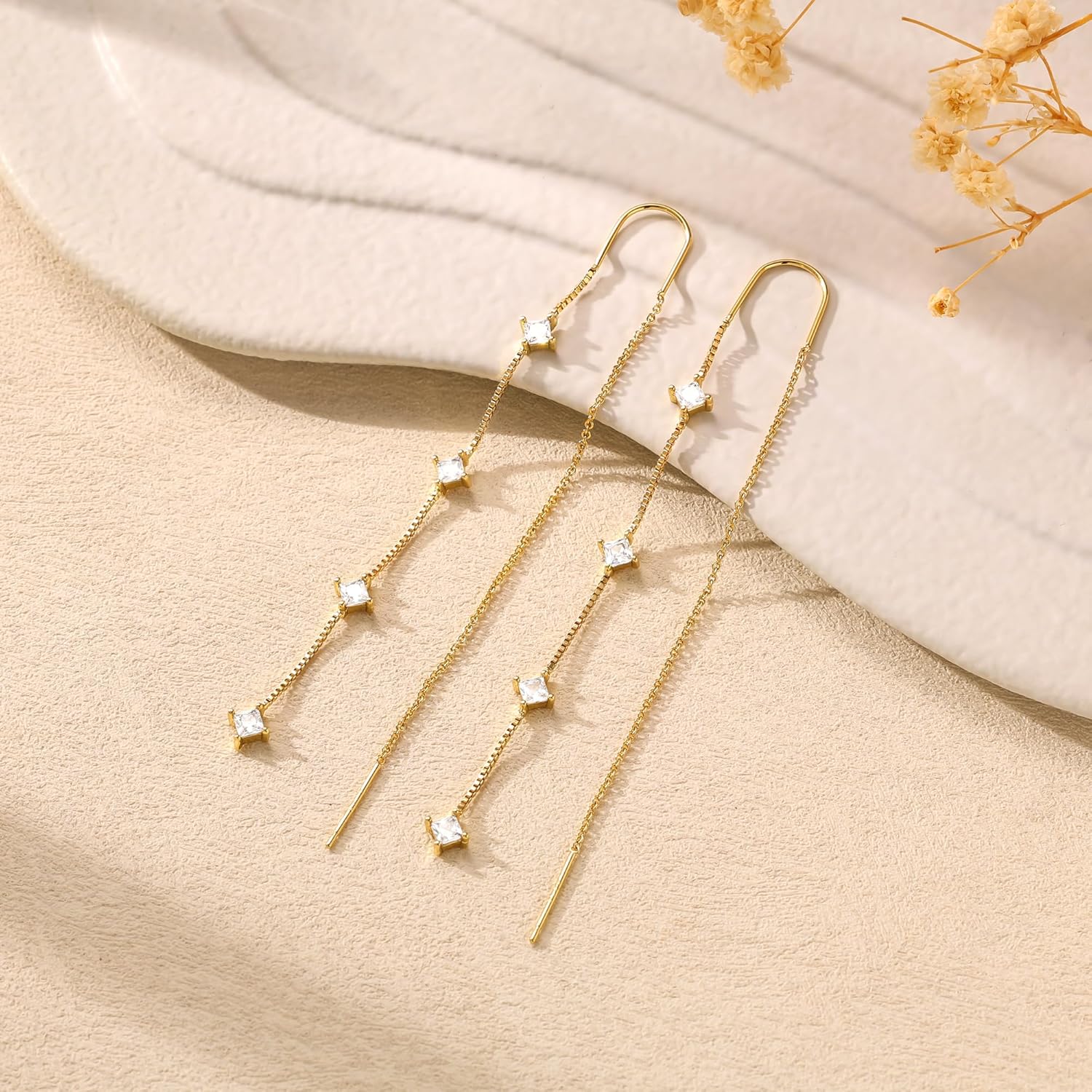 Freekiss 14K Gold Plated Dangle Earrings for Women: Prom Dainty Long Chain Earring Set Hanging Hypoallergenic Threader Earrings Elegant Bridal Wedding Party Womens Jewelry - Image 6