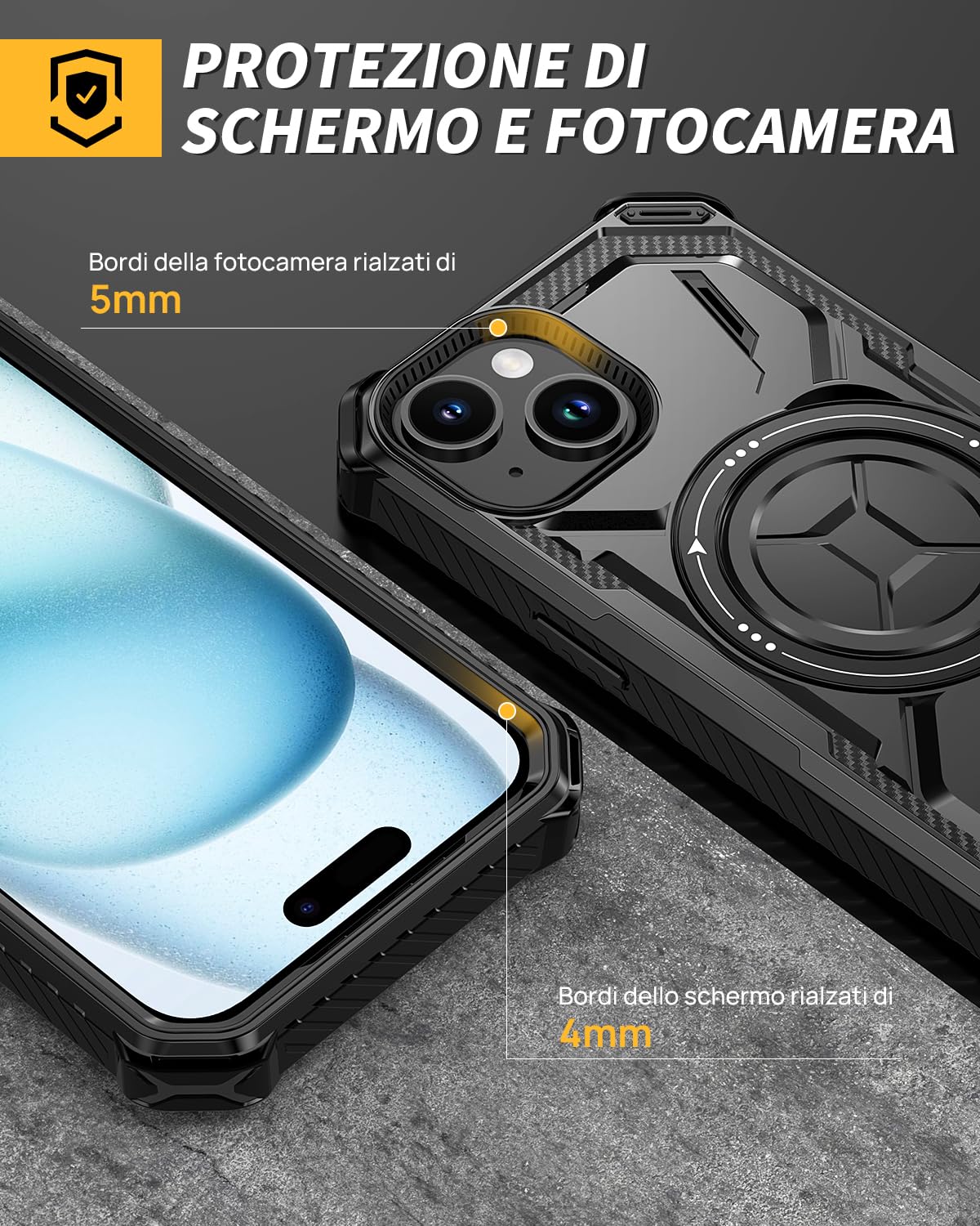 Lanhiem Cover per iPhone 15 con 2 Pezzi Vetro Temperato, Supporto Magnetico ad Anello a 360° Protezione 6FT Antiurto Anticaduta di Livello Militare Armor Protezione, Custodia per iPhone 15, Nero