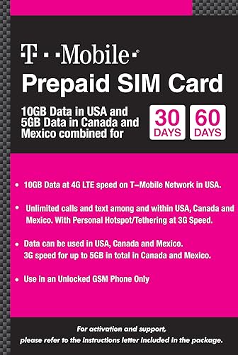 Miniatura 2 de Tarjeta SIM prepagada de Canadá, México y Estados Unidos T-Mobile 10GB 4G LTE Datos en Estados Unidos y 5GB de datos en Canadá y México con llamadas