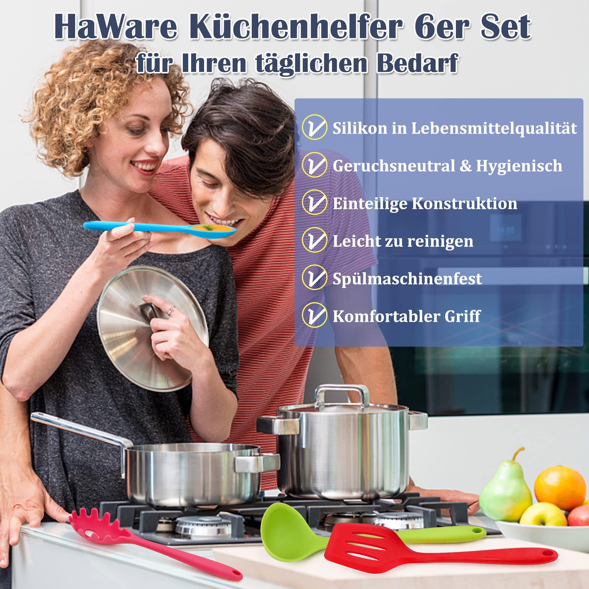 HaWare 6-częściowy zestaw przyborów kuchennych, nieprzywierające, silikonowe przybory kuchenne, odporne na wysokie temperatury, do gotowania i pieczenia, łatwe do czyszczenia, kolorowe