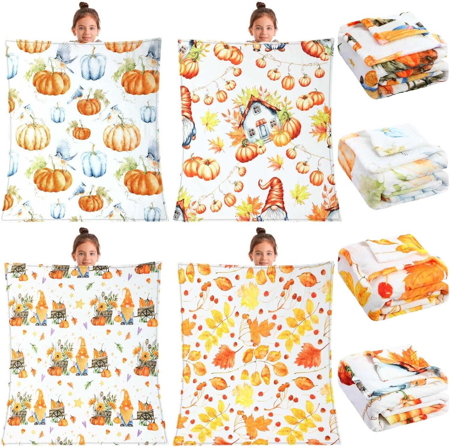 Buryeah 4 Pcs 50 x 60 Inch Thanksgiving Fall Throw Blanket Warm Soft Pumpkin Maple Gnome Autumn Plush Blanket Flannel Fleece Throw for Couch Chair Bedroom Picnic Home Decoration