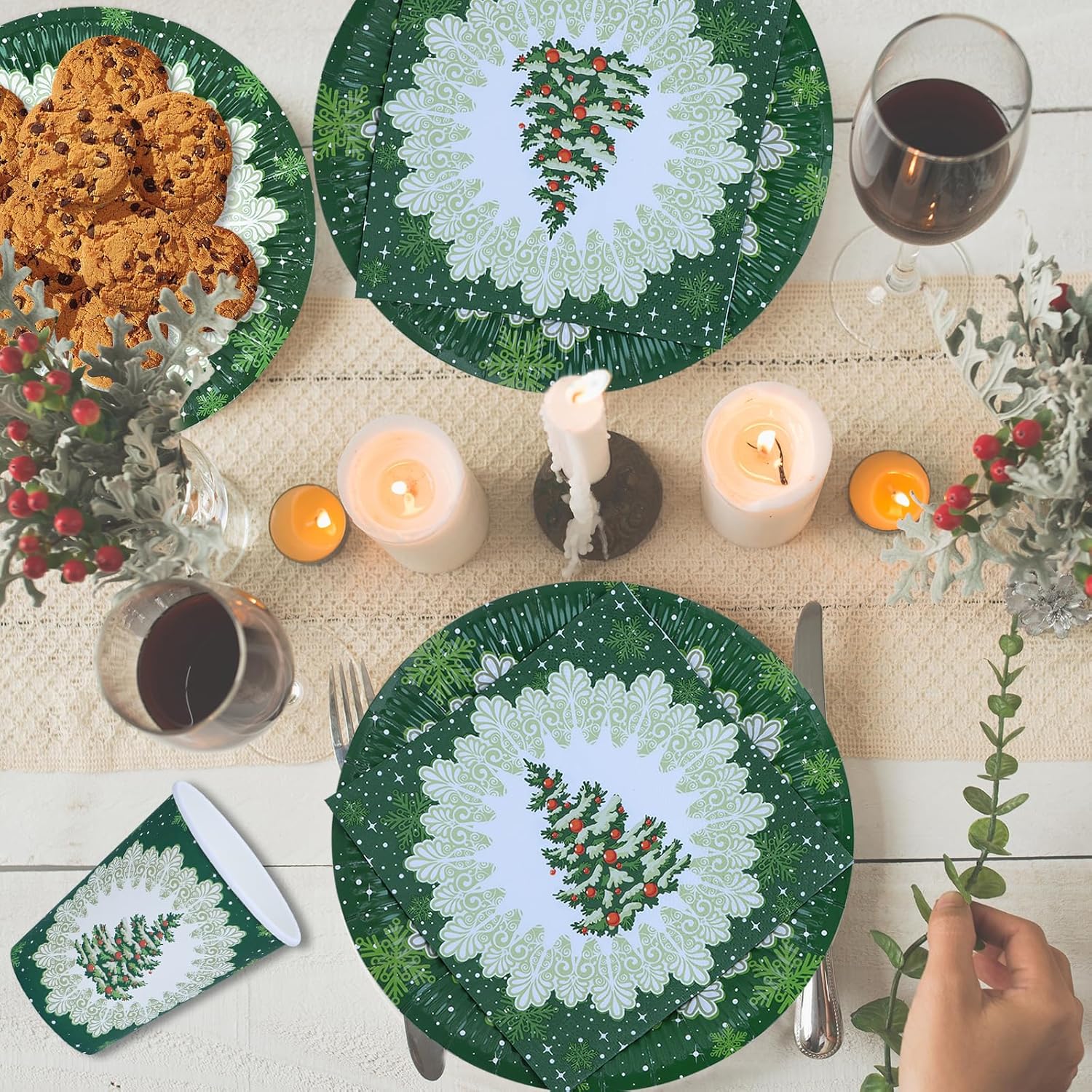 Christmas Party Plates Napkins Paper Cups Tableware Set 96 Pieces Paper Plates Disposable Green Christmas Tree Table Decorations Party Supplies - Image 7