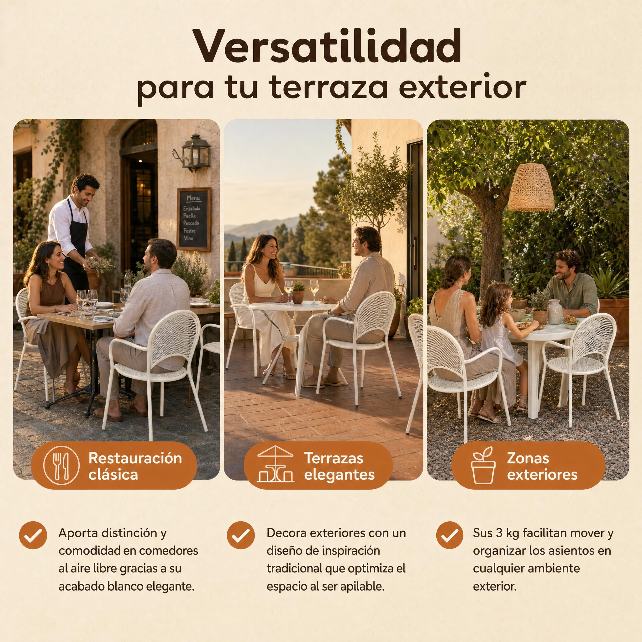 Silla Jardín Exterior Apilable, Sillón Resina Blanca Resistente UV