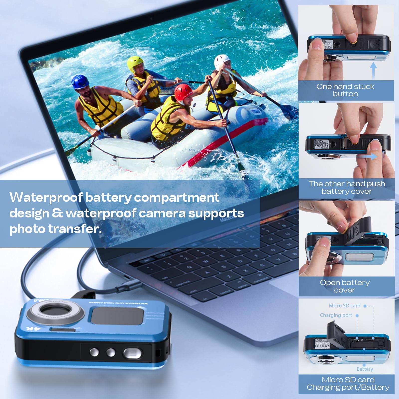 Appareil Photo Numérique HICSHON 4K étanche 48 MP Autofocus Caméra sous-Marine avec Carte mémoire 64 G Selfie Dual écrans avec Zoom 16X, Compact pour Enfants/débutants (Bleu)