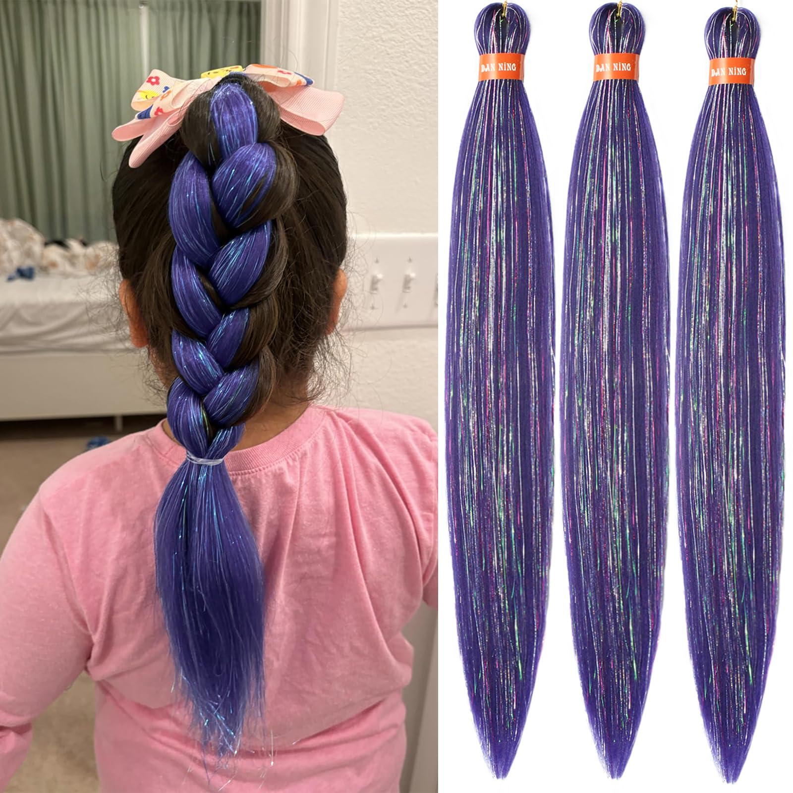 Deep Grape Purple Pre Stretched Braiding Hair Glitter 30 Inch Box Braid Hair Extensions Shinny 3 Packs Yaki Texture Pre Feathered Festival Braids Hair