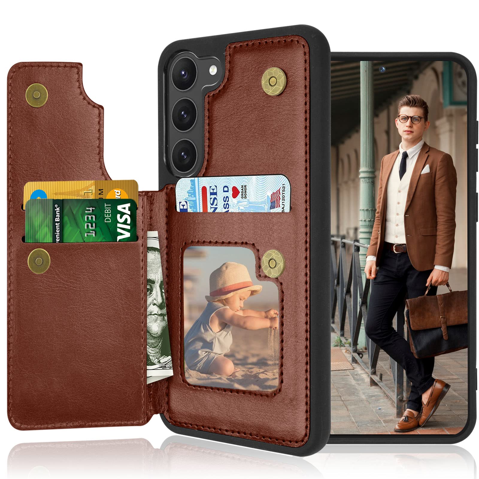 Tekcoo Galaxy S23 Wallet Case, Luxury Minimalist PU Leather ID Cash Credit Card Holder Slots Magnetic Closure Kickstand Folio Flip Slim Protective Cover Cases for Samsung S23 5G - Brown