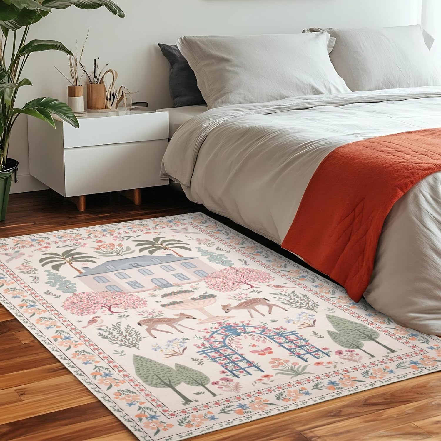 MOSISO 3x5 Area Rug for Bedroom, Soft Non-Slip Indoor Floor Low Pile Carpet, Dreamy Garden Mansion Wonderland Faux Wool Rectangular Washable Area Rugs for Dining Living Room Entryway, Beige