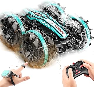 HappyGoLucky Voiture Télécommandée Amphibie, Double Télécommande (Main + Geste) - 4x4 Tout-Terrain - 360° - Étanche - Bleu ou Rouge - Jouet Enfant/Cadeau Dès 3 Ans