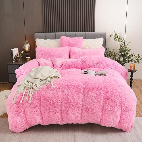 Juego de funda de edredón de felpa mullida de color rosa, tamaño King, funda de edredón de terciopelo suave de lujo, juego de cama de 4 piezas (1