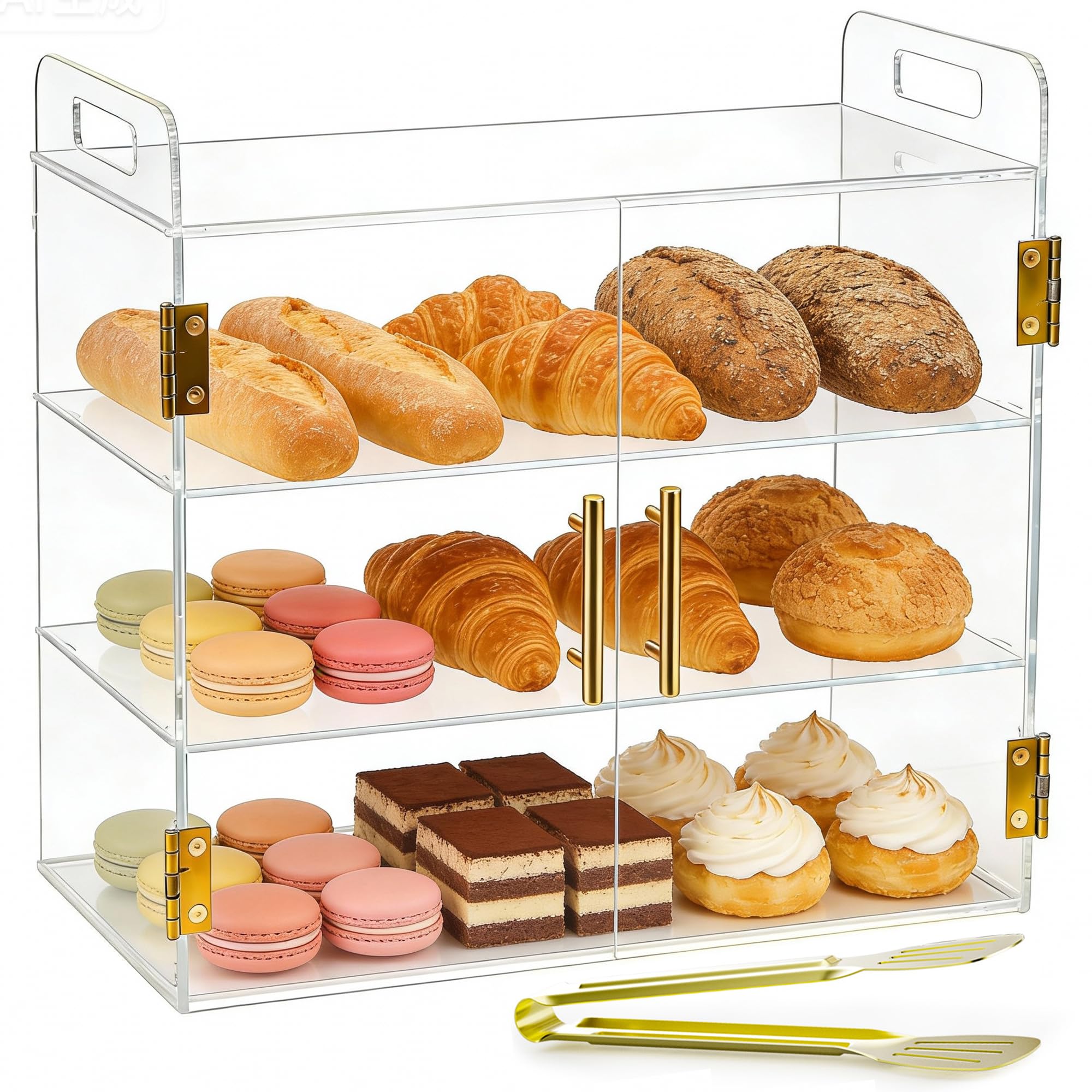 Acryvic Clear 3-Tiers Countertop Bakery Display Case With Elastic Auto-Door & Handle, 19.49"X 10.24"X 16.93" Acrylic Pastry Display Case Food Cabinet Box For Bread Dessert Cookie Baking