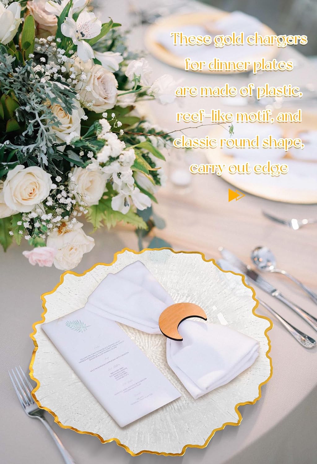 50Pcs Clear Charger Plates 13" Round Charger Plates Bulk Reef Chargers for Dinner Plate Decorative Clear Plastic Plate with Gold Trim for Wedding Party Event Baby Bridal Shower Dinner Table Decor