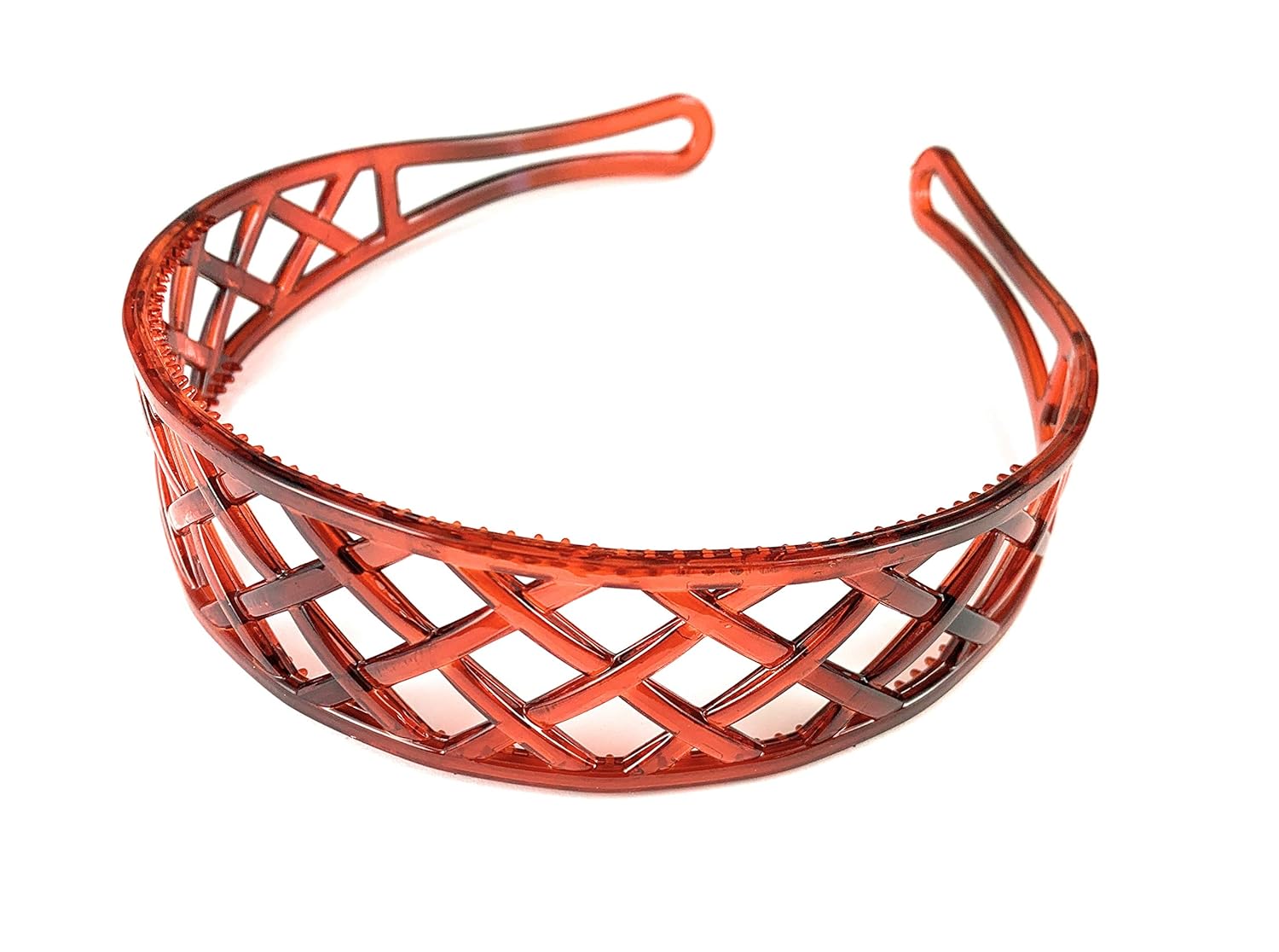 Brown basketweave plastic head band hair accessory grip teeth 1 3/8 inches wide woven pattern