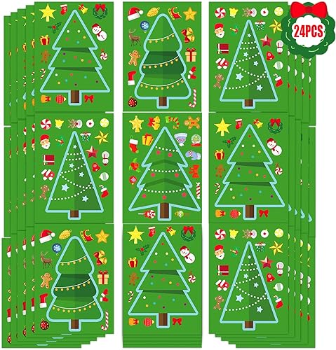 Happy Storm Juegos de fiesta de Navidad para niños 24PCS Make a Christmas Tree Sticker Activities Christmas Tree DIY Sticker Party Favors Games for