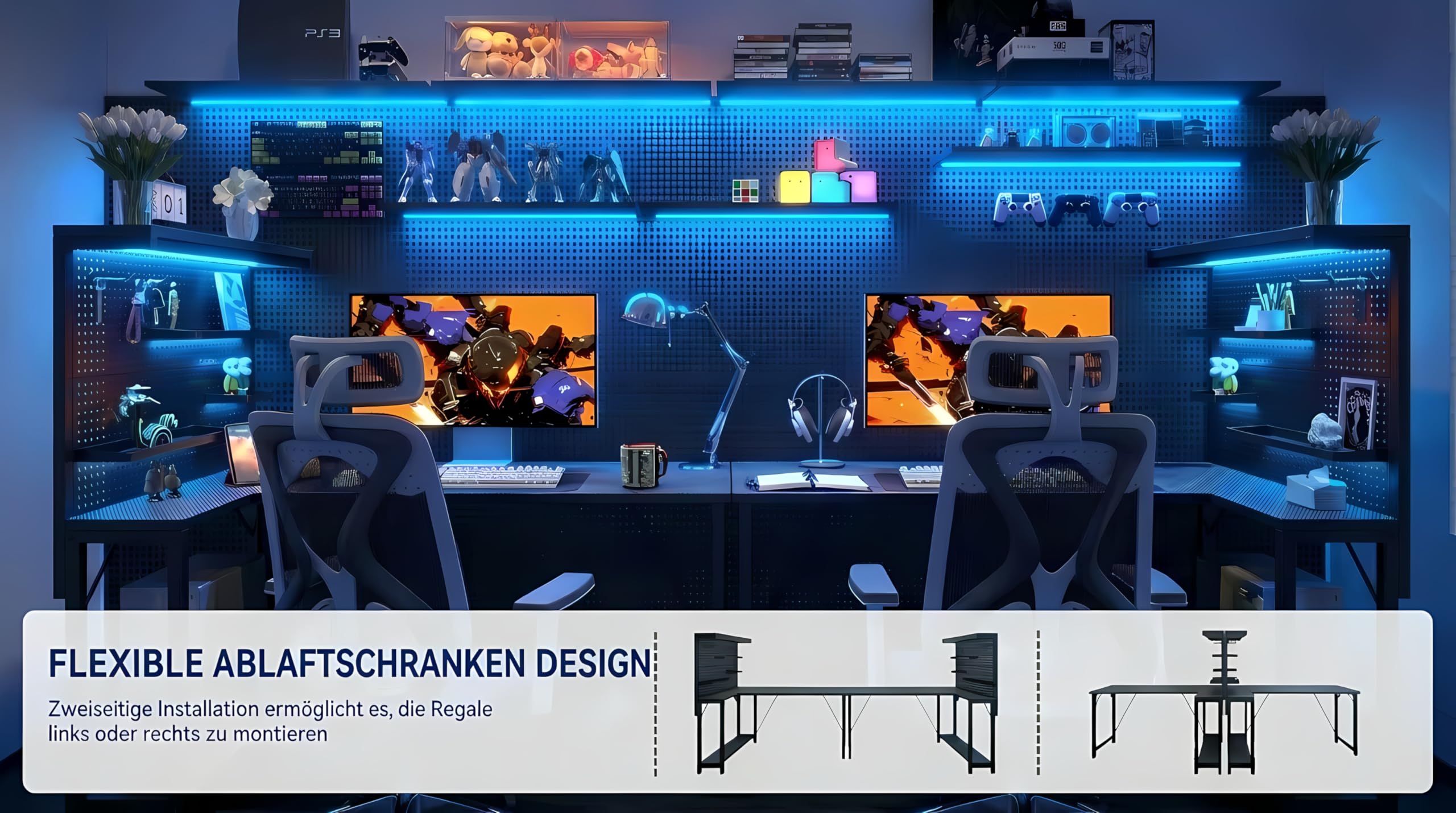 L-förmiger Gaming-Tisch mit Lochwandaufsatz und Regalen, Eck-Computertisch mit Steckdose, umkehrbarer Büroschreibtisch mit 3 abnehmbaren Ablagen für Zuhause und Schlafzimmer, 120*80cm Schwarz