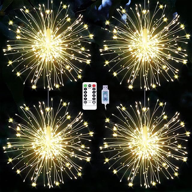 yowin Firework Lights 4 x 120 LED Christmas Hanging Lights USB Powered, 8 Modes Starburst Lights with Remote Waterproof Fairy String Lights for Indoor Outdoor Xmas Corridor Decorations (Warm White)