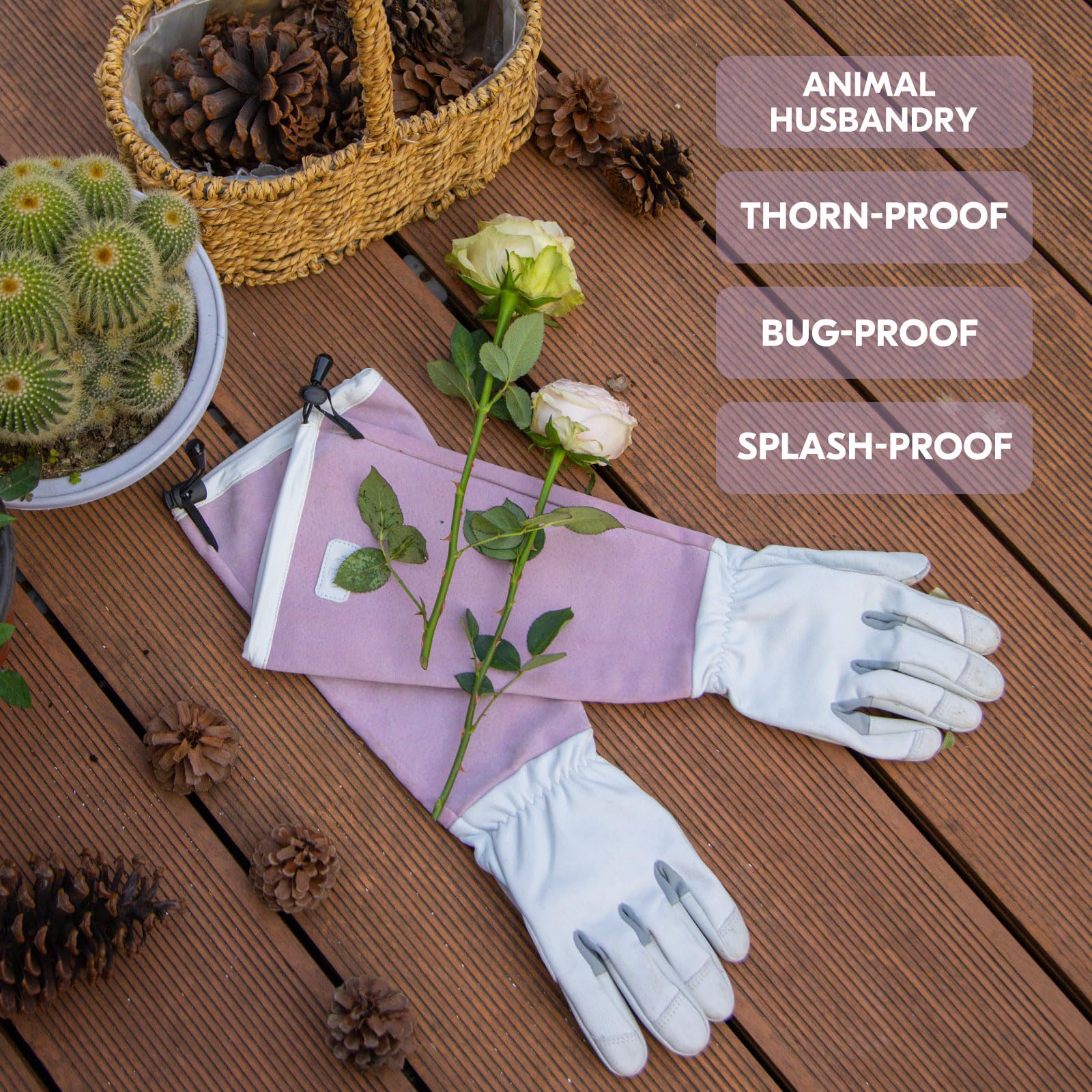 Vgo... 1 Pair Women’s Goatskin Thorn-Proof Gardening Gloves -10” Gauntlet Sleeves, Touchscreen - Image 3
