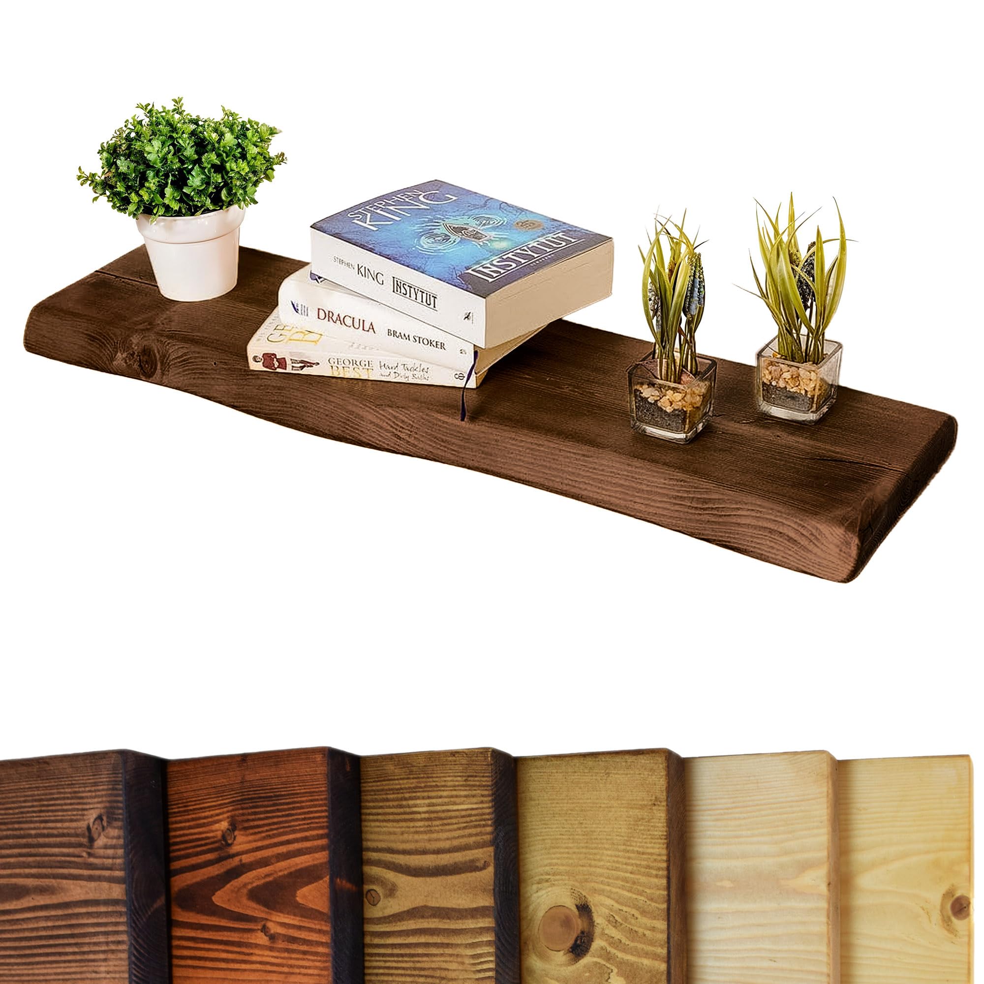 Live Edge Rustic Floating Shelf 6x1.5 inches, 100cm long - Walnut Finish Reclaimed Wood Floating Shelves for Wall Decor, Rustic Wooden Shelves for Bedroom, Living Room, Kitchen, or Bathroom