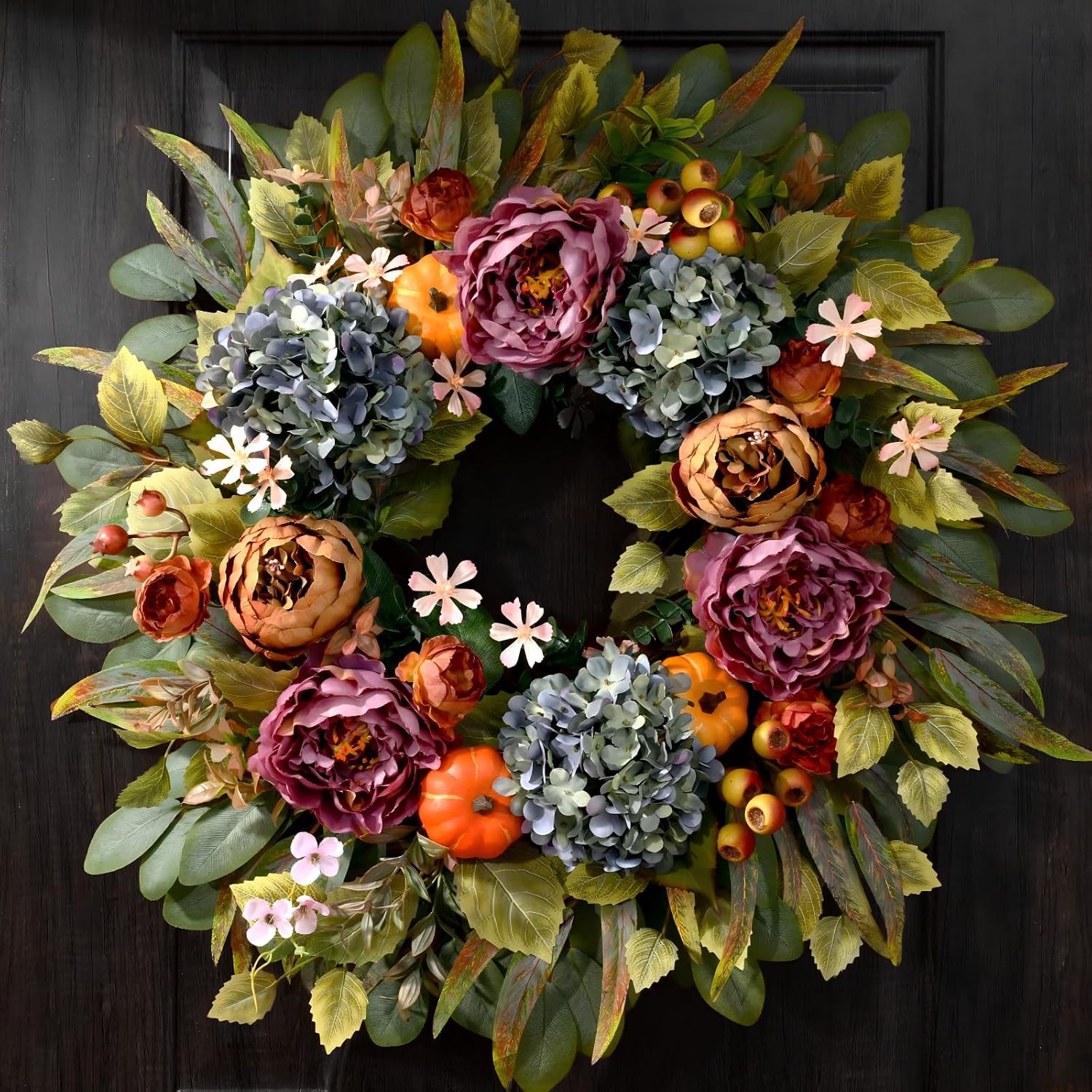 26" Fall Wreaths for Front Door, Peony Hydrangea Pumpkins Wreath | Large Autumn Wreath with Purple Peonies, Blue Hydrangeas, Pumpkins, Fall Wreath for Porch Thanksgiving & Harvest Fall Decor